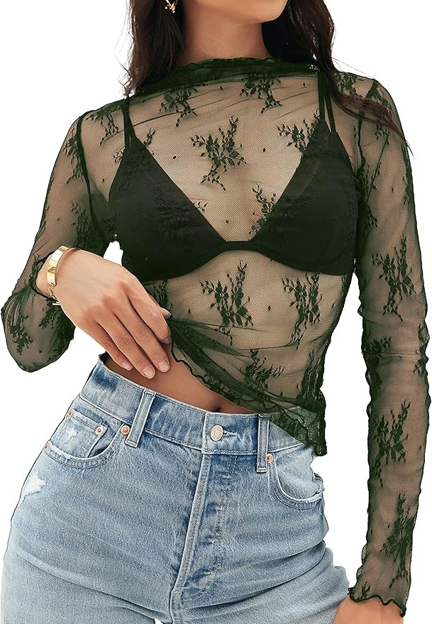 MEROKEETY 2024 Womens Mesh Sheer Long Sleeve Layering Top Sexy Y2k Mock Neck Floral Lace See Thro... | Amazon (US)