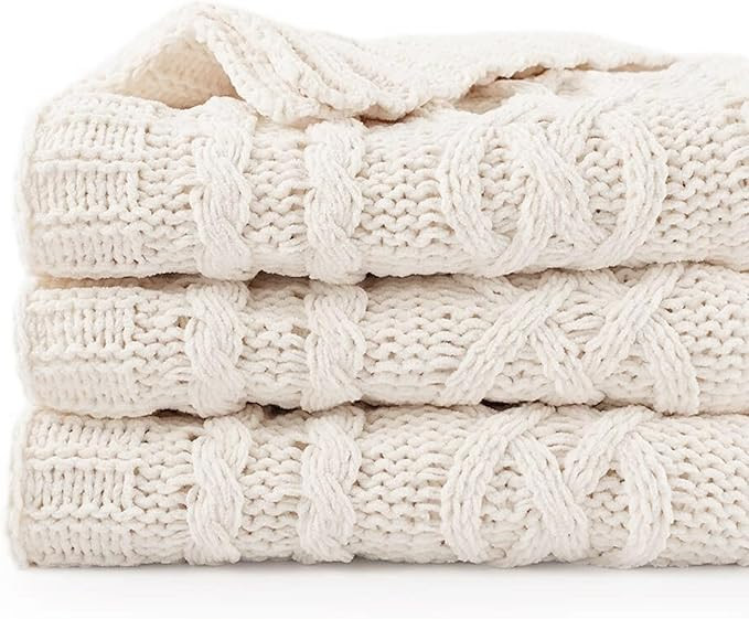 Battilo Cream White Ivory Throw Blanket for Couch, 51x 67 Inch, Woven Chenille Knit Throw Blanket... | Amazon (US)