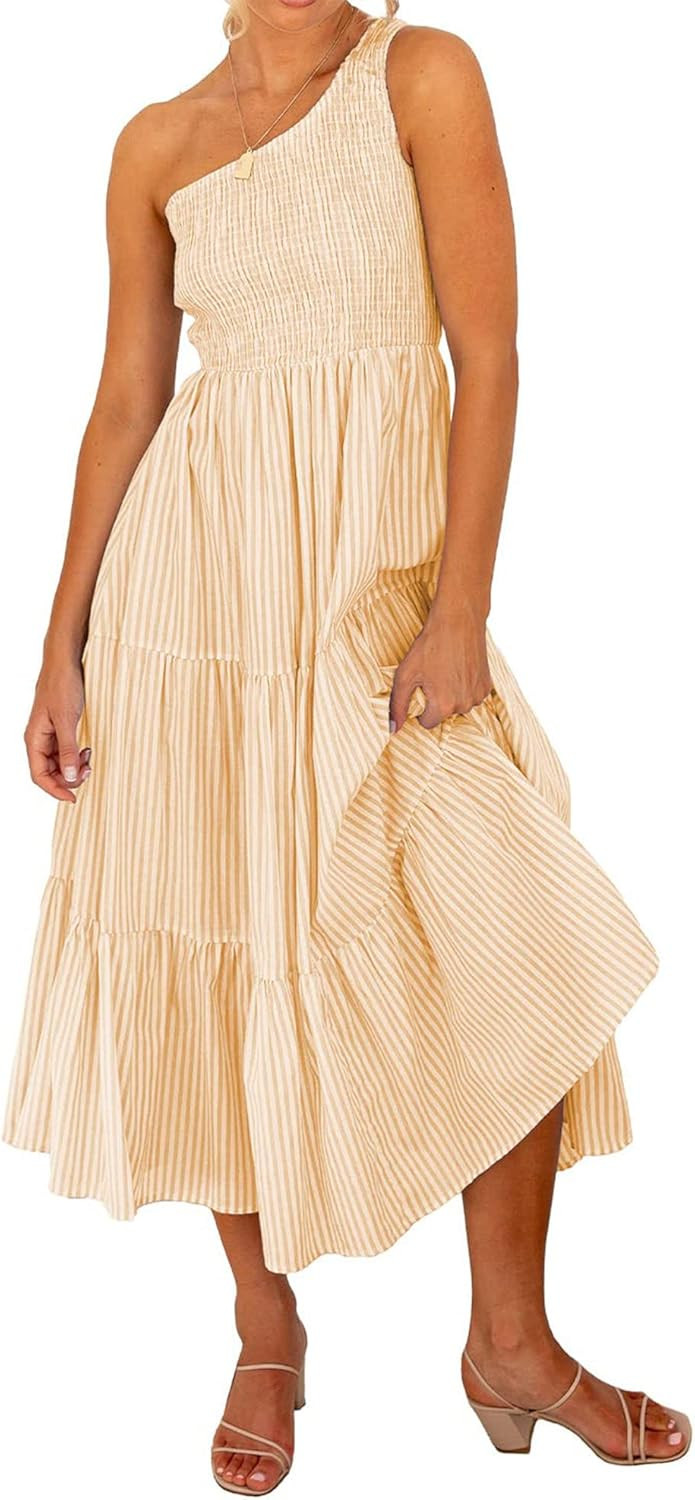 BTFBM Women One Shoulder Sleeveless Casual Summer Dresses 2023 Smocked High Waist Floral Flowy Be... | Amazon (US)