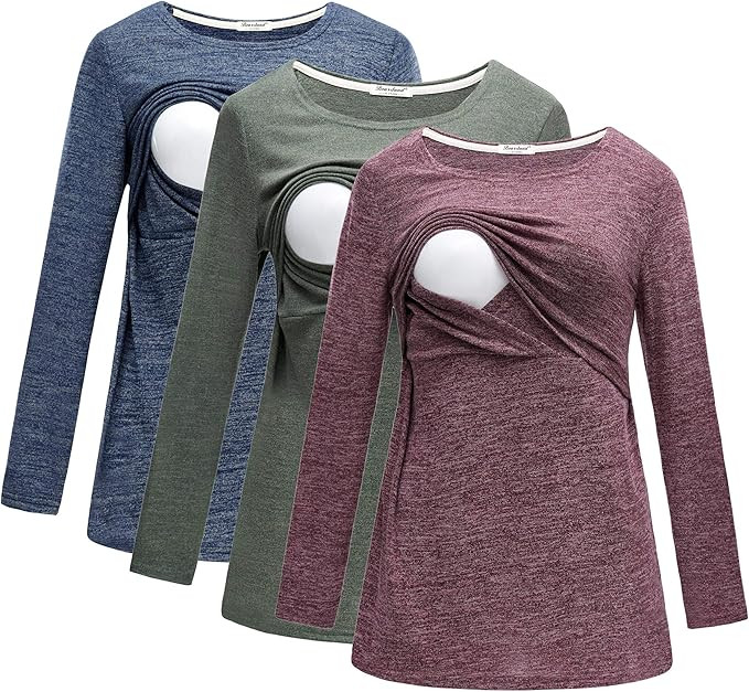 Bearsland Women's 3 Packs Maternity Clothes Long Sleeves Breastfeeding Shirts Nursing Top | Amazon (US)