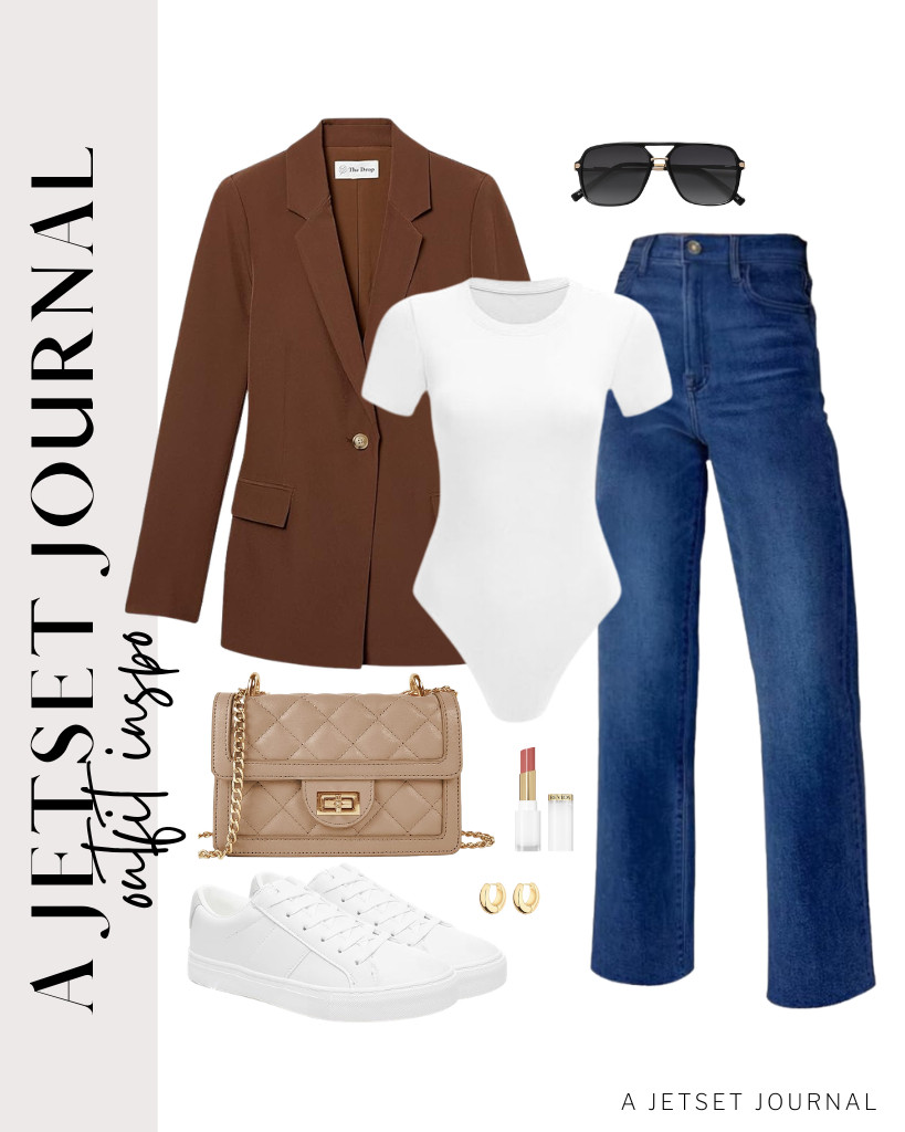 I’m a big fan of pairing a white crew-neck bodysuit with denim pants. The coffee-bean color of this long blazer is the perfect finishing touch for this outfit.

To complete the stylish look, I add a small quilted crossbody bag and retro aviator sunglasses from SOJOS. 

 #LTKSeasonal #LTKSaleAlert #LTKTravel