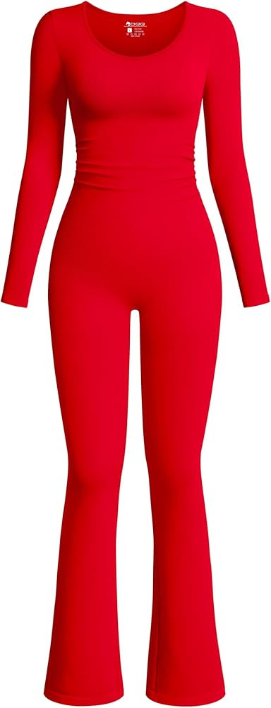 OQQ Women Flare Pants Jumpsuits One Piece Long Sleeve Scoop Neck Waist Ruched Wide Leg Jumpsuits | Amazon (US)