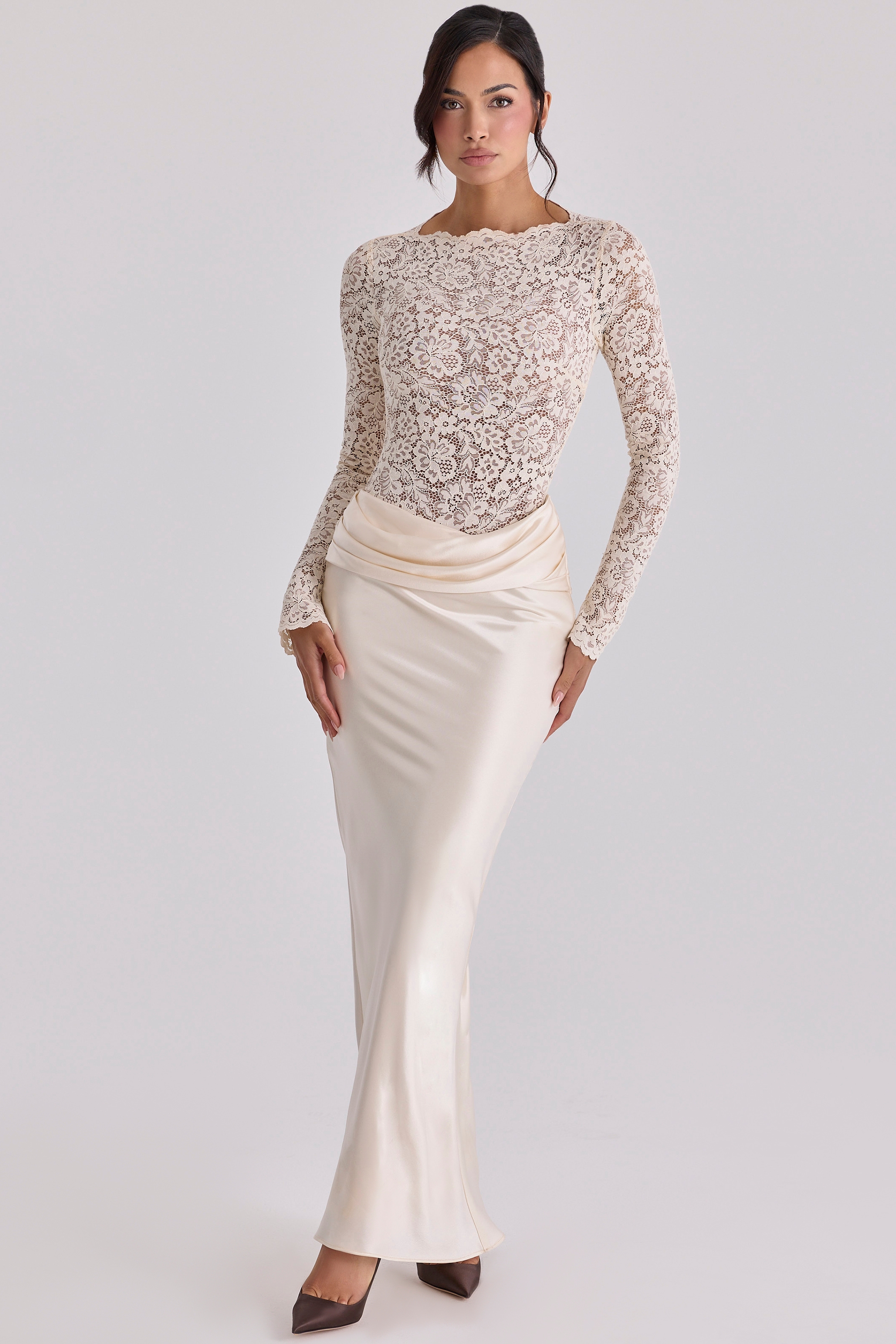 vintage ivory satin draped maxi skirt | House of CB