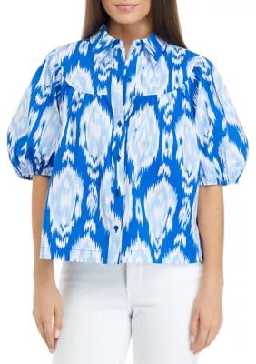 Crown & Ivy™ Petite Puff Sleeve Button Front Printed Woven Top | Belk