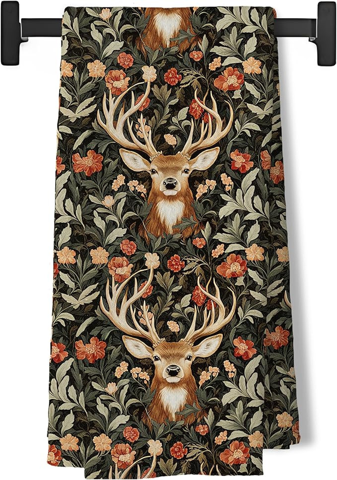 Vintage Floral Christmas Reindeer Kitchen Dish Tea Towels, Dark Cottagecore Botanical Wildflower ... | Amazon (US)