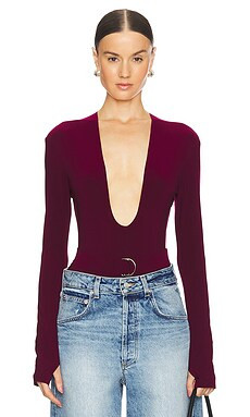 Norma Kamali x REVOLVE Long Sleeve Deep U Neck Bodysuit in Plum from Revolve.com | Revolve Clothing (Global)