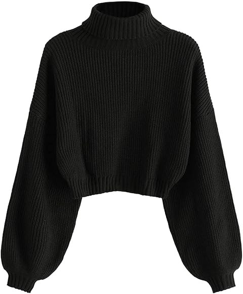 Womens Turtleneck Crop Pullover Sweaters Long Lantern Sleeve Elastic Ribbed Knit Casual Sweater J... | Amazon (US)