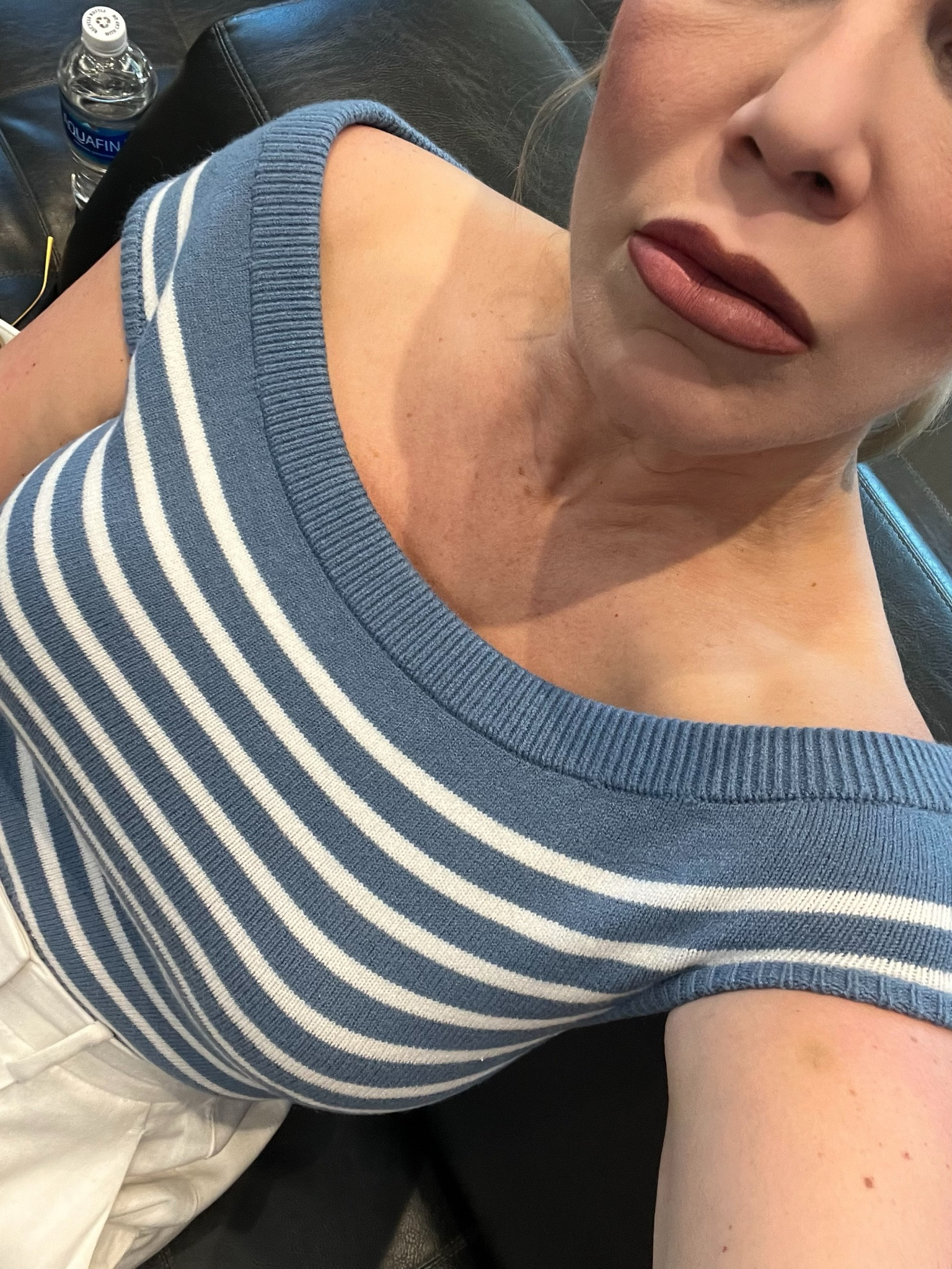 Blue and white striped off shoulder knit top-wearing a M

#LTKover40 #LTKfindsunder100 #LTKstyletip