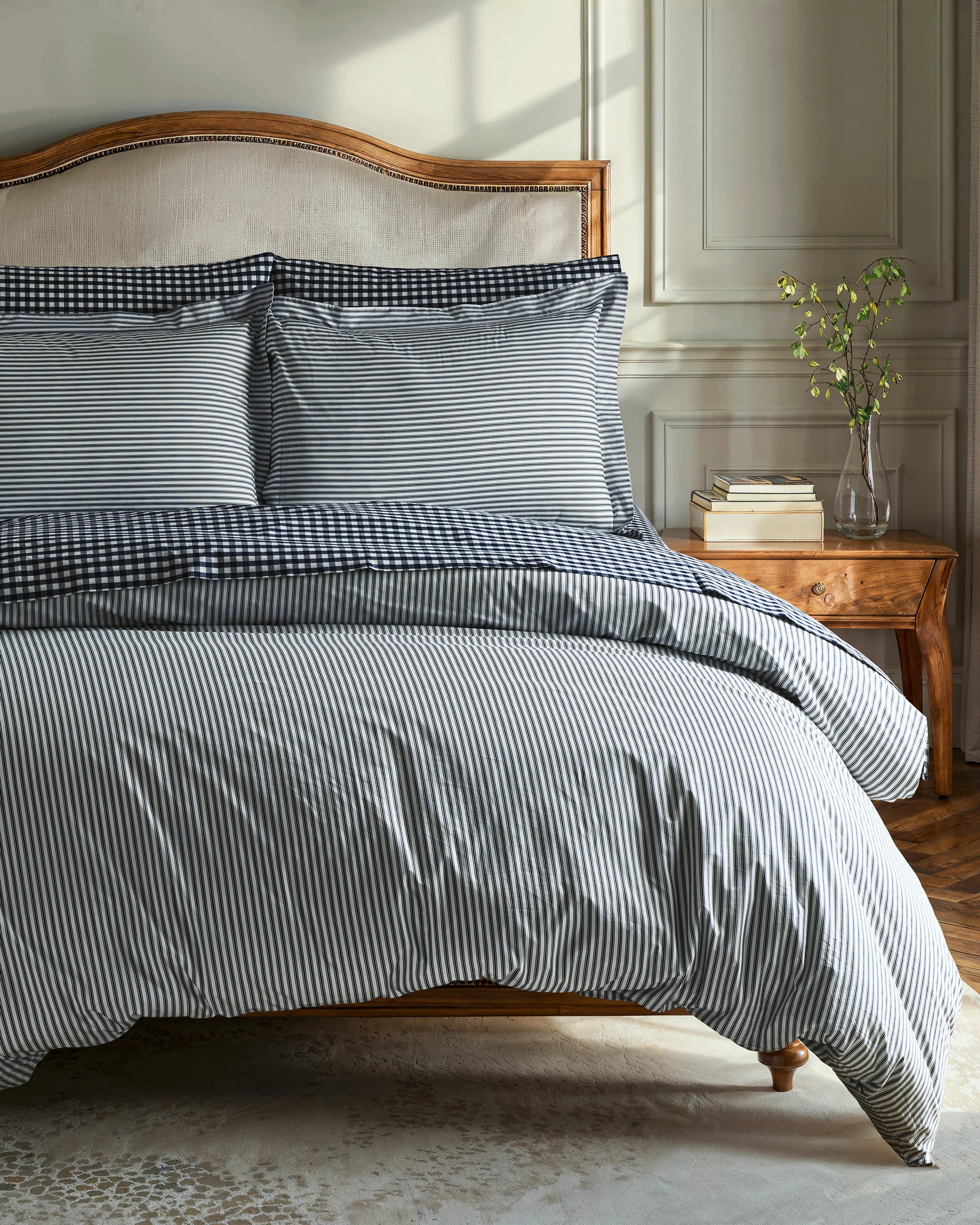 Luxe Premium Percale Duvet Set in Navy French Ticking | Petite Plume