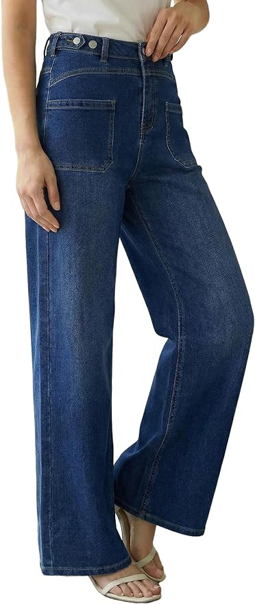 Arach&Cloz Womens Lyocell Cotton Denim Adjustable Waist Stretchy Spring Wide Leg Jeans | Amazon (US)
