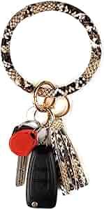 Leather Bracelet Key Ring Bangle Keyring, Tassel Ring Circle Key Ring Keychain Wristlet for Women... | Amazon (US)