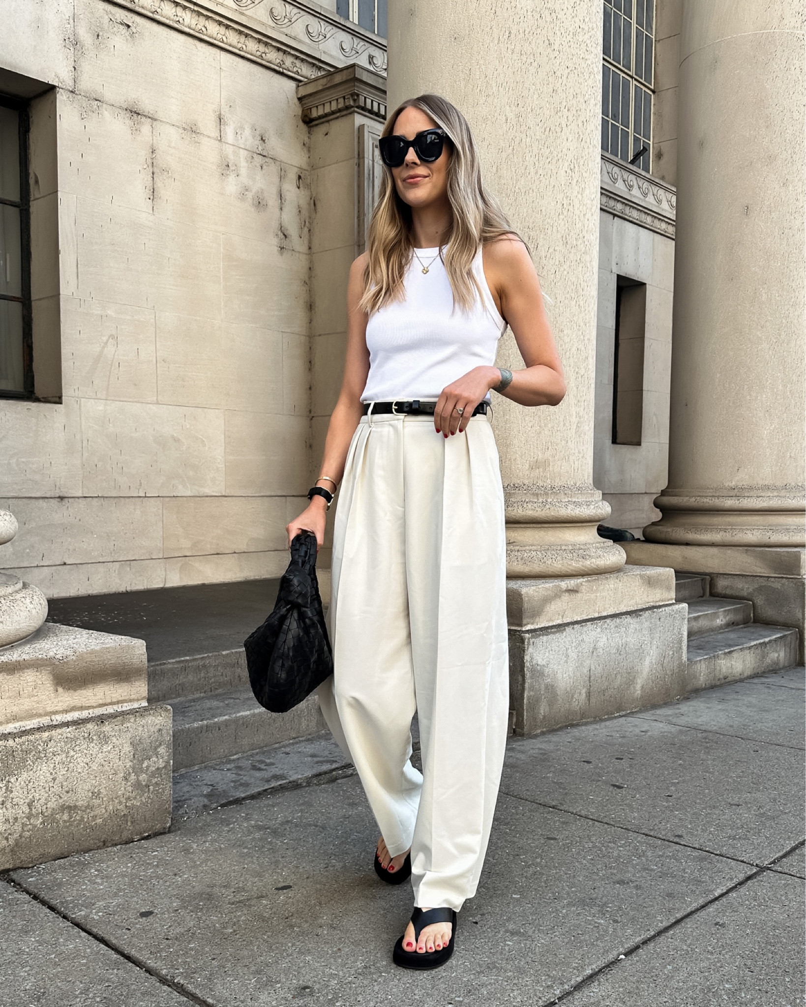 Fashion Jackson Wearing White Tank The Frankie Shop Corrin Ivory Wide Leg Pants The Row Ginza Black Sandals Bottega Veneta Jodie Teen Black Handbag Quiet Luxury Summer Outfit Street Style
#fashionjackson #trousers #sandals #widelegpants #whiteoutfit #summer

#LTKitbag #LTKshoecrush #LTKstyletip