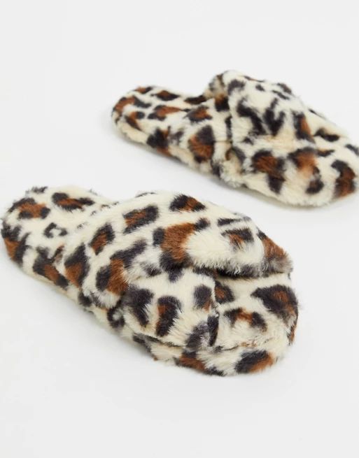 ASOS DESIGN Neve cross strap slider slippers in leopard | ASOS (Global)