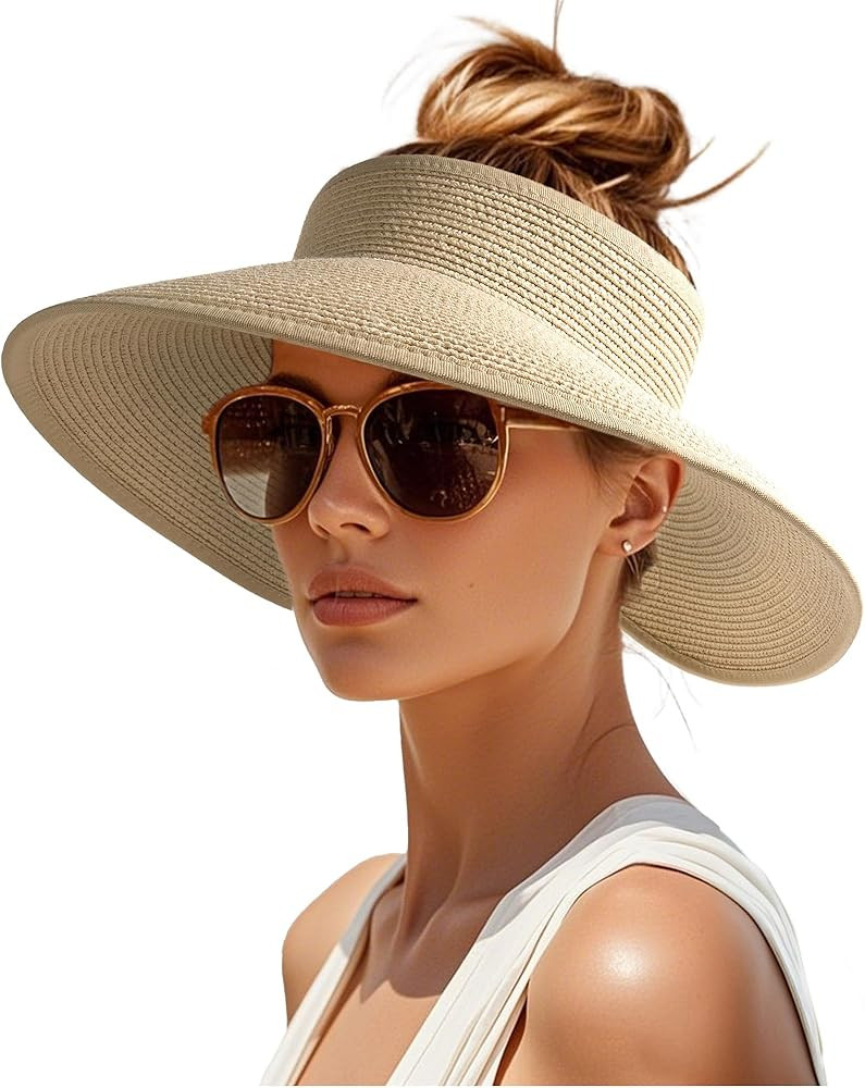 Womens Sun Visor Hats Wide Brim Straw Beach Hat UV Protection Ponytail Packable Beach Vacation Es... | Amazon (US)