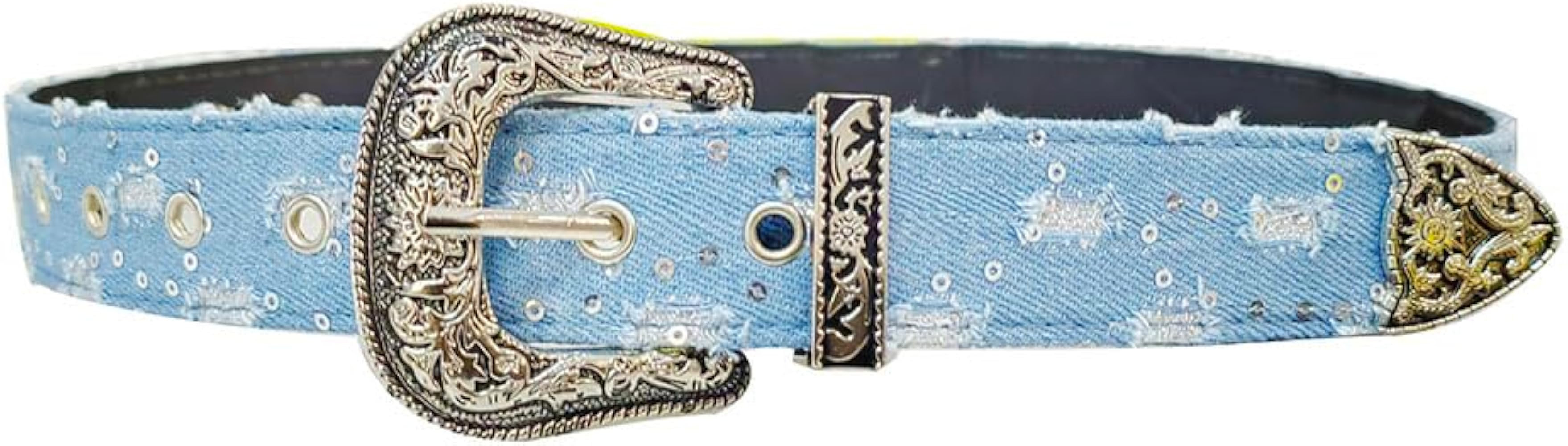 Fashion Denim Blue PU Leather Waist Belts Sequin for Women Ladies Cowgirl for Pants Jeans Dresse | Amazon (US)