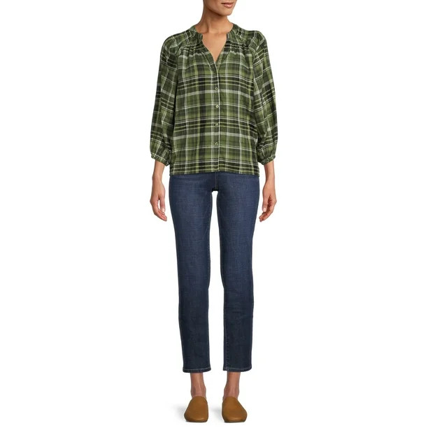 Time and Tru Women's Button Down Top with Puff Sleeves - Walmart.com | Walmart (US)