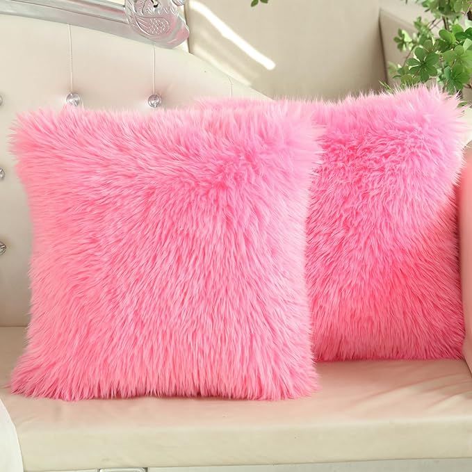 Cute Pink Fur Throw Pillow Covers Fluffy Pillow Cover, Set of 2 Faux Plush Cushion Merino Style D... | Amazon (US)