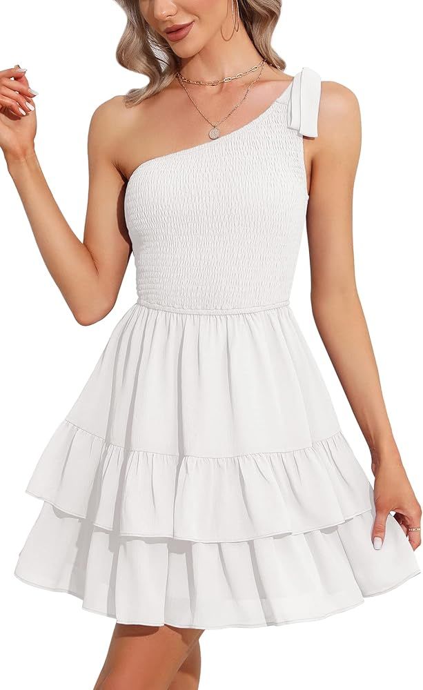EXLURA Women’s 2023 Summer One Shoulder Tie Mini Dresses Ruffle Somcked A-Line Flowy Short Mini Dres | Amazon (US)