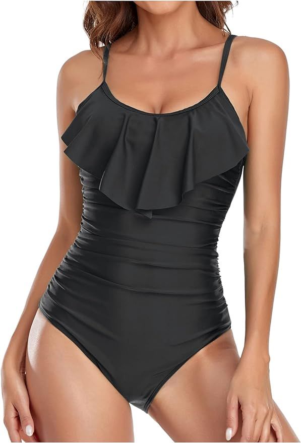 DANIFY Women's One Piece Swimsuit High Neck Plunge Mesh Ruched Monokini Swimwear Tummy Control Ba... | Amazon (US)