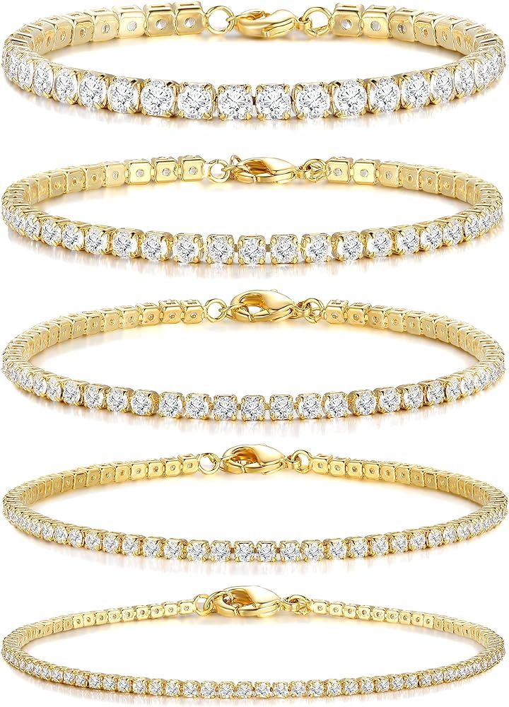 5 PCS Gold Bracelets for Women Teen Girls, 14K Real Gold Plated Adjustable Cubic Zirconia Dainty ... | Amazon (US)