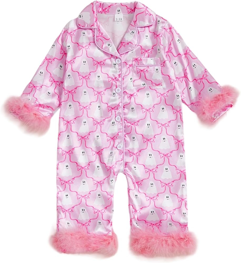 Kuriozud Baby Girl Halloween Satin Silk Pajamas Button Down Pumpkin Pajamas Jumpsuit Feather Trim... | Amazon (US)