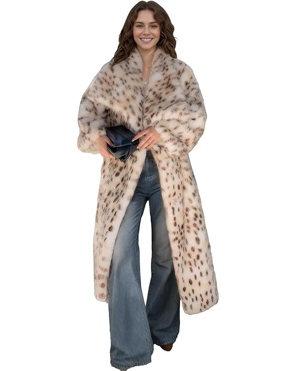 DJBM Women Faux fur Leopard Lapel Maxi Coat Cardigan Sexy Elegant Garment Pocketed with Belt for ... | Amazon (US)