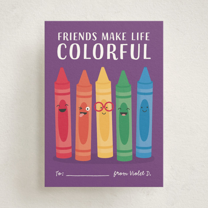"Crayons" - Customizable Classroom Valentine's Cards in Purple by Kacey Kendrick Wagner. | Minted
