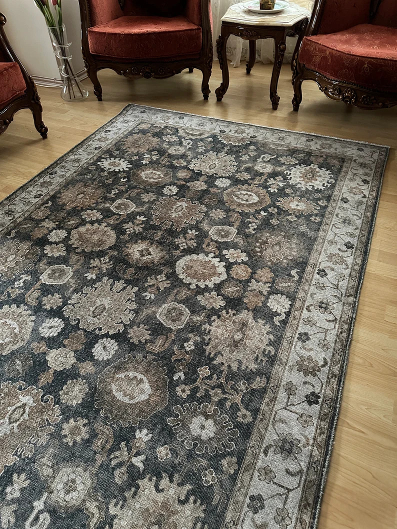 Anthracite Brown Oushak Rug, Turkish Kilim Rug 8x10, Tribal Area Rug, Customized Rug, Heriz Rug 8... | Etsy (US)