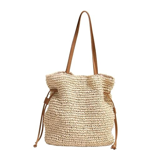 Women's Straw Woven Beach Tote Bags Boho Crochet Summer Trendy Shoulder Bags Large Bucket Handmade Tote Purse (Beige) | Amazon (US)