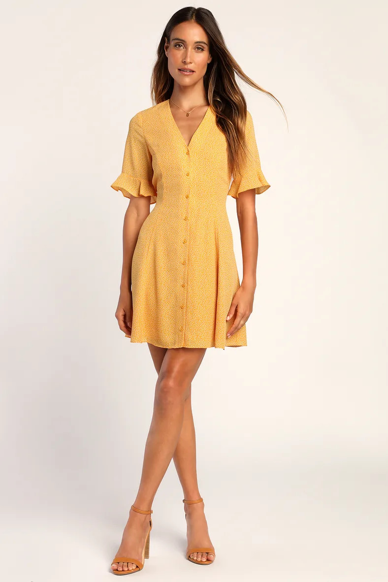 Castana Mustard Yellow Print Button-Up Dress | Lulus (US)