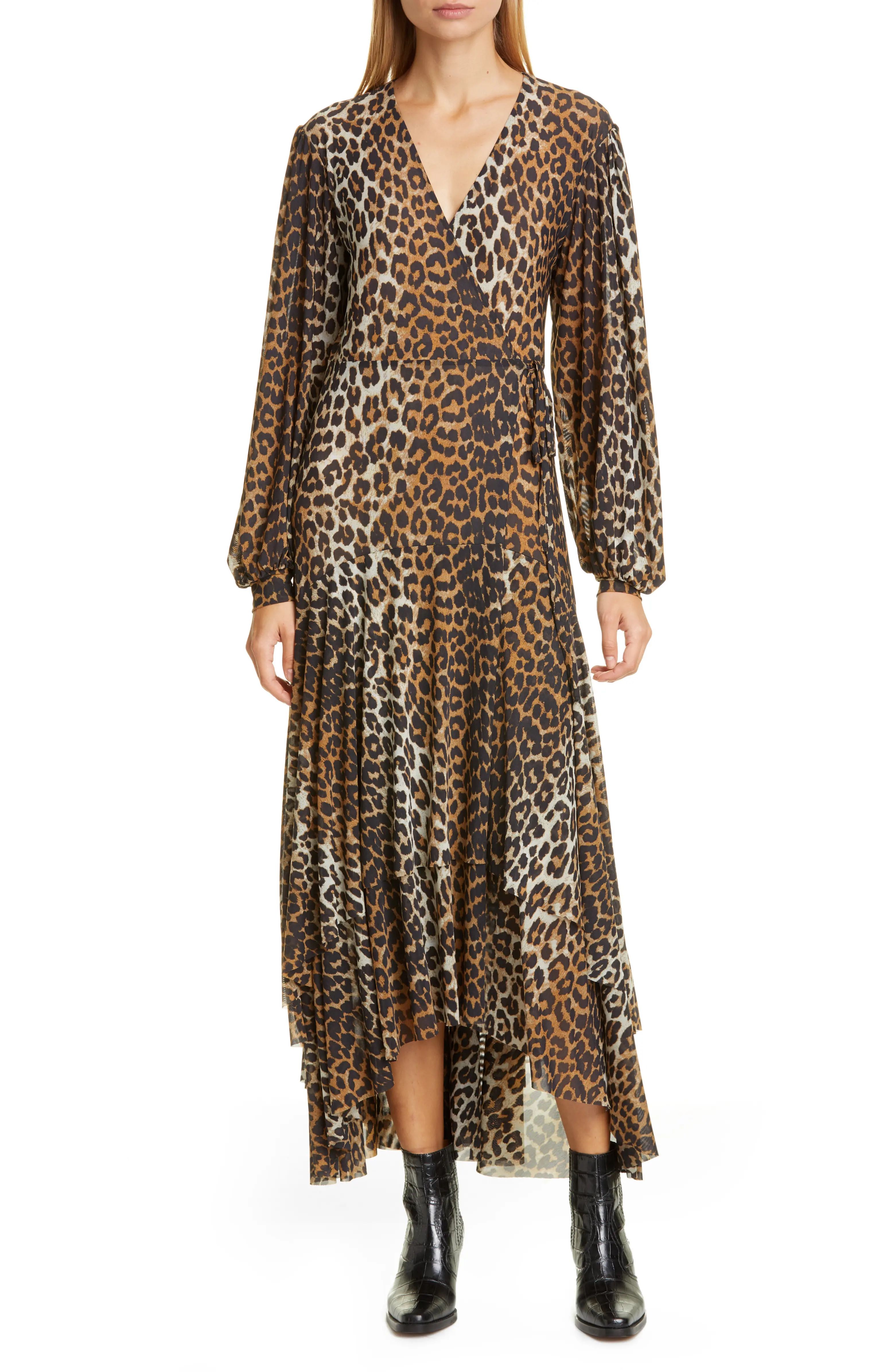Leopard Print Mesh Long Sleeve Midi Dress | Nordstrom