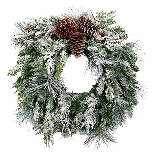 Haute Decor 24 Inch Flocked Pre-lit Snowfall Creek Christmas Wreath with 30 Soft White LED Lights and Real Pinecones - Flocked Christmas Wreath for Front Door | Amazon (US)