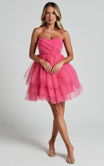 Stephy Mini Dress - Strapless Tiered Tulle in Pink | Showpo (US, UK & Europe)