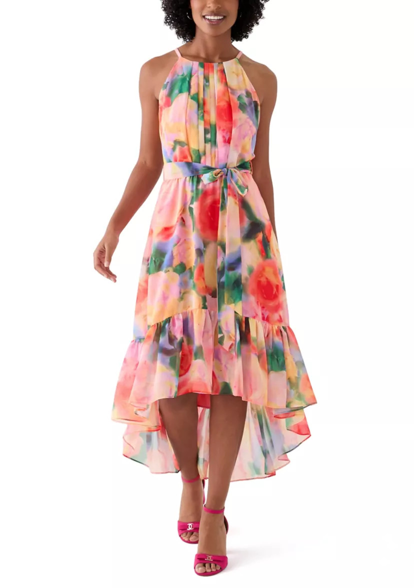 Women's Sleeveless Halter Print Chiffon Fit and Flare Dress | Belk
