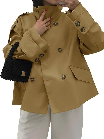 Tankaneo Womens Cropped Trench Coat Oversized Double Breasted Stand Collar Short Jacket Fall Casu... | Amazon (US)