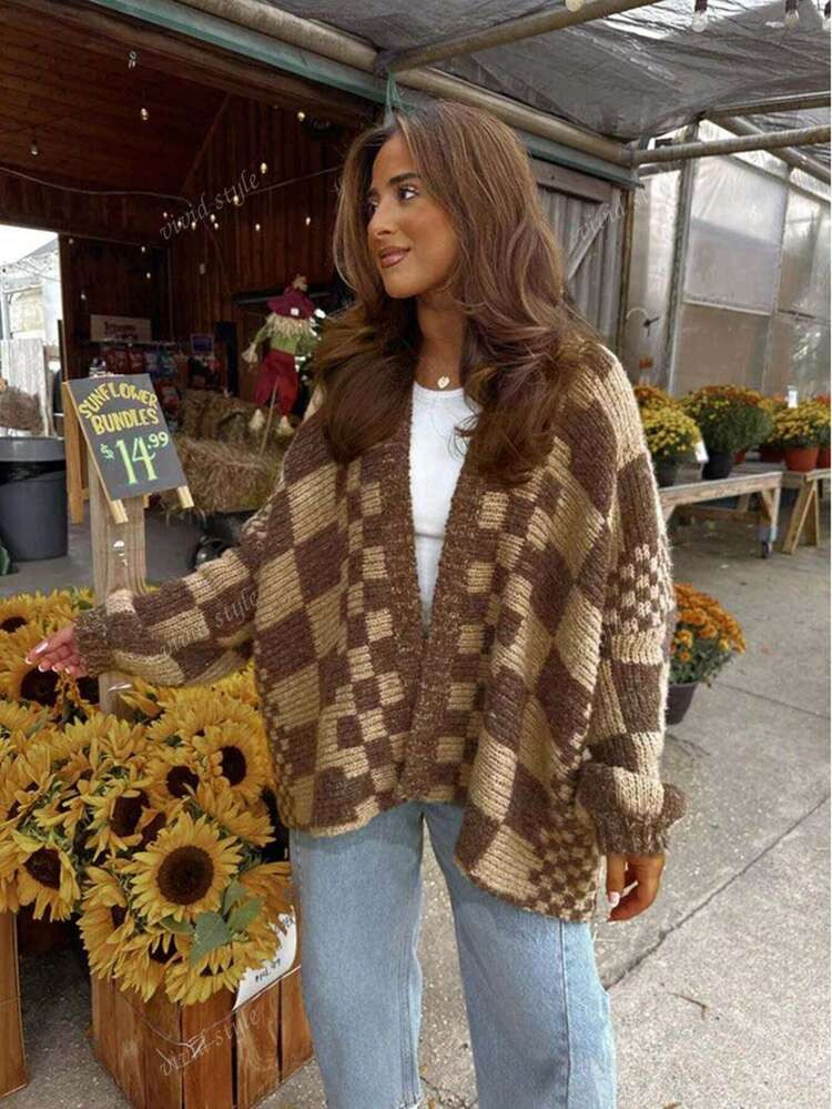 Vivid Style Women's Checkered Knitted Cardigan, Lantern Sleeve Relaxed-Fit Oversized Jacket, Retr... | SHEIN