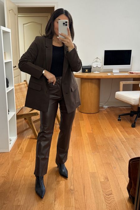  Blazer - size small 
Pants - size 2 
Top- size small 
I added a loose full leather pant here as well because they are both coming down to $31 today 