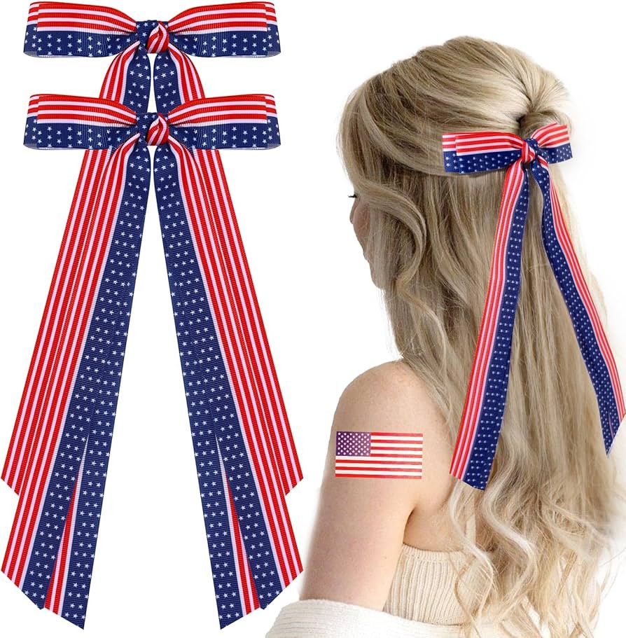 2 Pcs 4th of July Girls American Flag Hair Bow Hair Clips,Long Tail Fourth of July Hair Accessori... | Amazon (US)