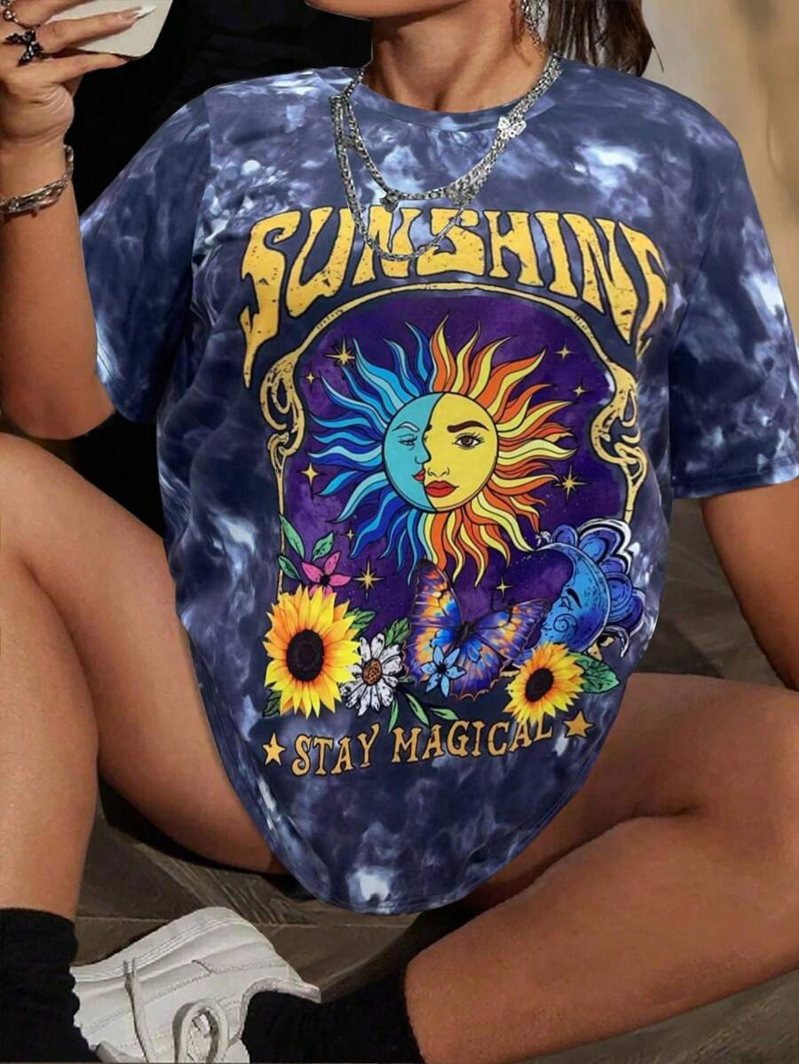 Maweii Plus Size Stylish Tie Dye Sun & Letter Print Short Sleeve T-Shirt, Graphic Tee, Women Summ... | SHEIN