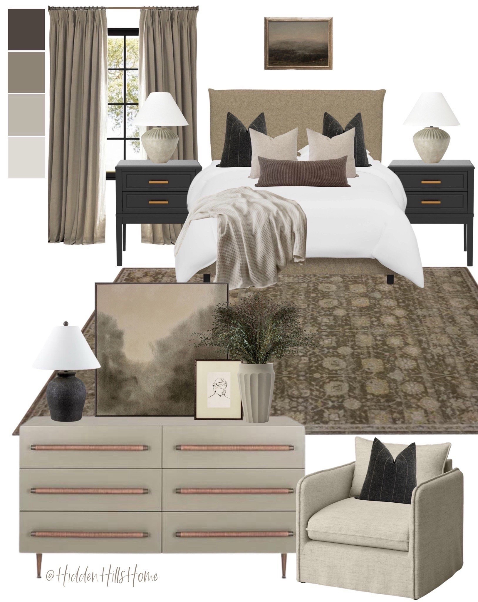 Modern traditional master bedroom mood board, primary bedroom design, master bedroom decor, bed, nightstands, bedroom #bed