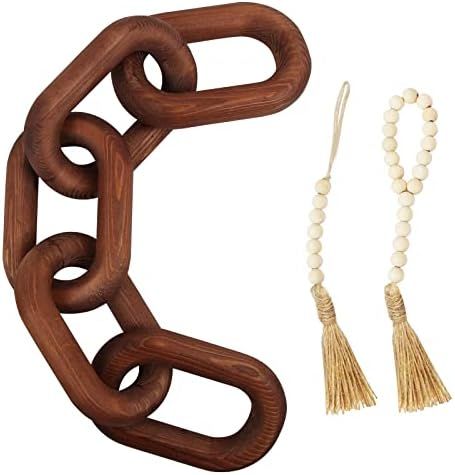 Wood Chain Link Decor and Wooden Bead Garland with Tassel 3 Pcs Modern Boho Farmhouse Decor Handmade | Amazon (US)