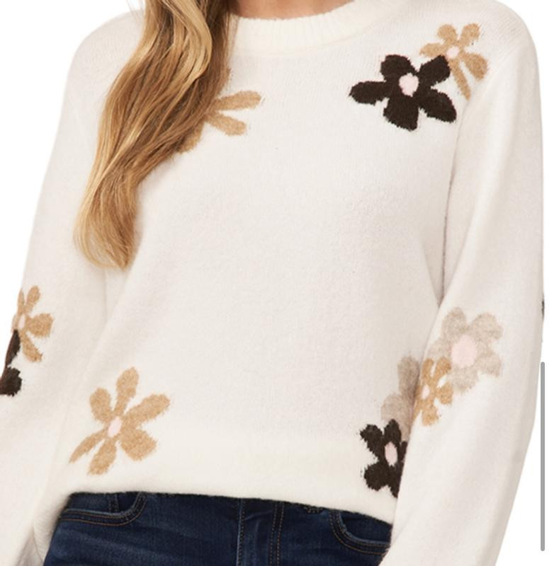 CeCe Women's Crewneck Flower Patterned Knit Long-Sleeve Sweater - Macy's | Macy's
