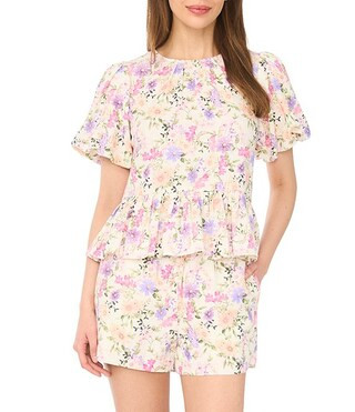 Woven Floral Print Round Neck Short Puff Sleeve Peplum Coordinating Blouse | Dillard's
