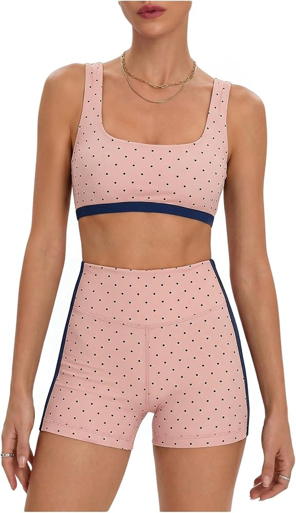 Milumia Women's Polka Dots Workout Set 2 Piece Color Block Bra Tank High Waisted Biker Shorts Lay... | Amazon (US)