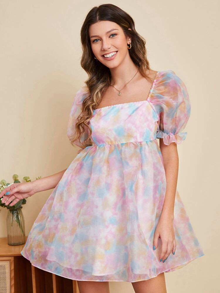 SHEIN Tie Dye Square Neck Puff Sleeve Organza Dress | SHEIN