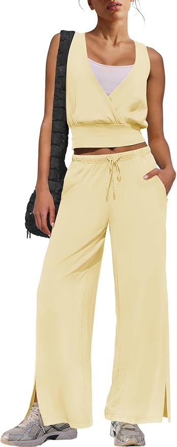 Panadila Womens Matching Sets 2 Piece Outfits V Neck Tops and Wide Leg Yoga Pants Summer Beach Va... | Amazon (US)