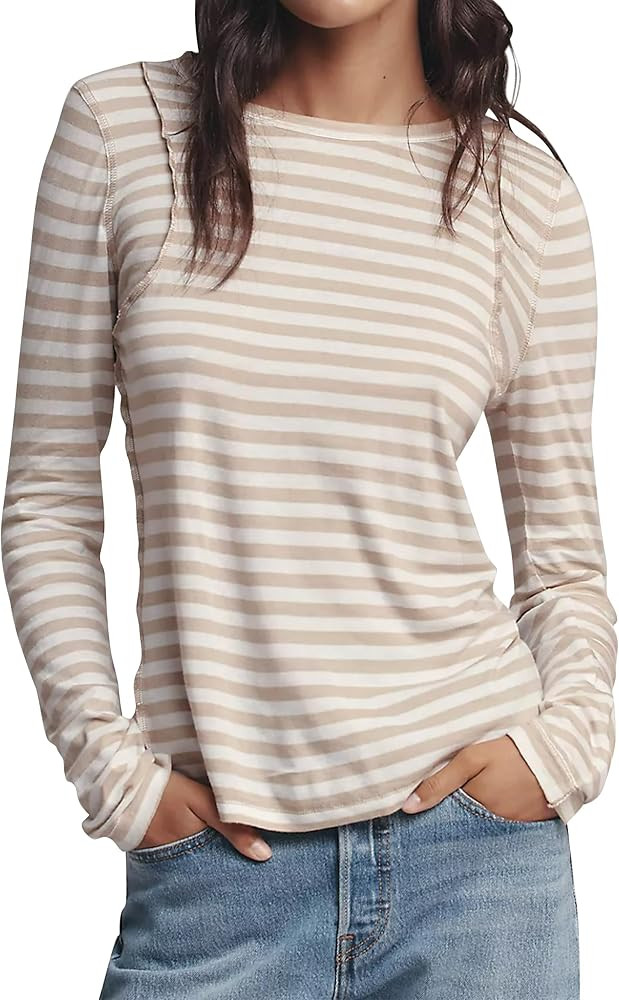Striped Long Sleeve Shirt Women 2025 Fall Crewneck Tee Casual Preppy Pullover Y2k Shirt Tops | Amazon (US)