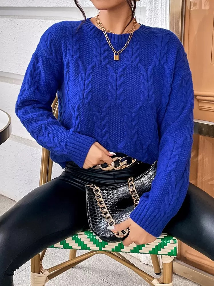 SHEIN Relaxiva Drop Shoulder Cable Knit Sweater,Long Sleeve Tops4.88(500+) | SHEIN