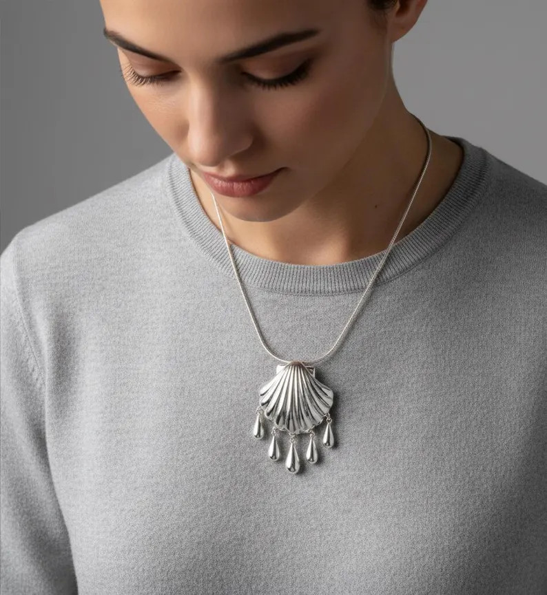 Silver Large Shell Pendant Necklace With chain, Tassel Water Drop Pendant | Etsy (Global)