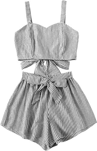 SweatyRocks Women's 2 Piece Outfits Summer Sleeveless Tie Back Crop Cami Top and Shorts Set | Amazon (US)